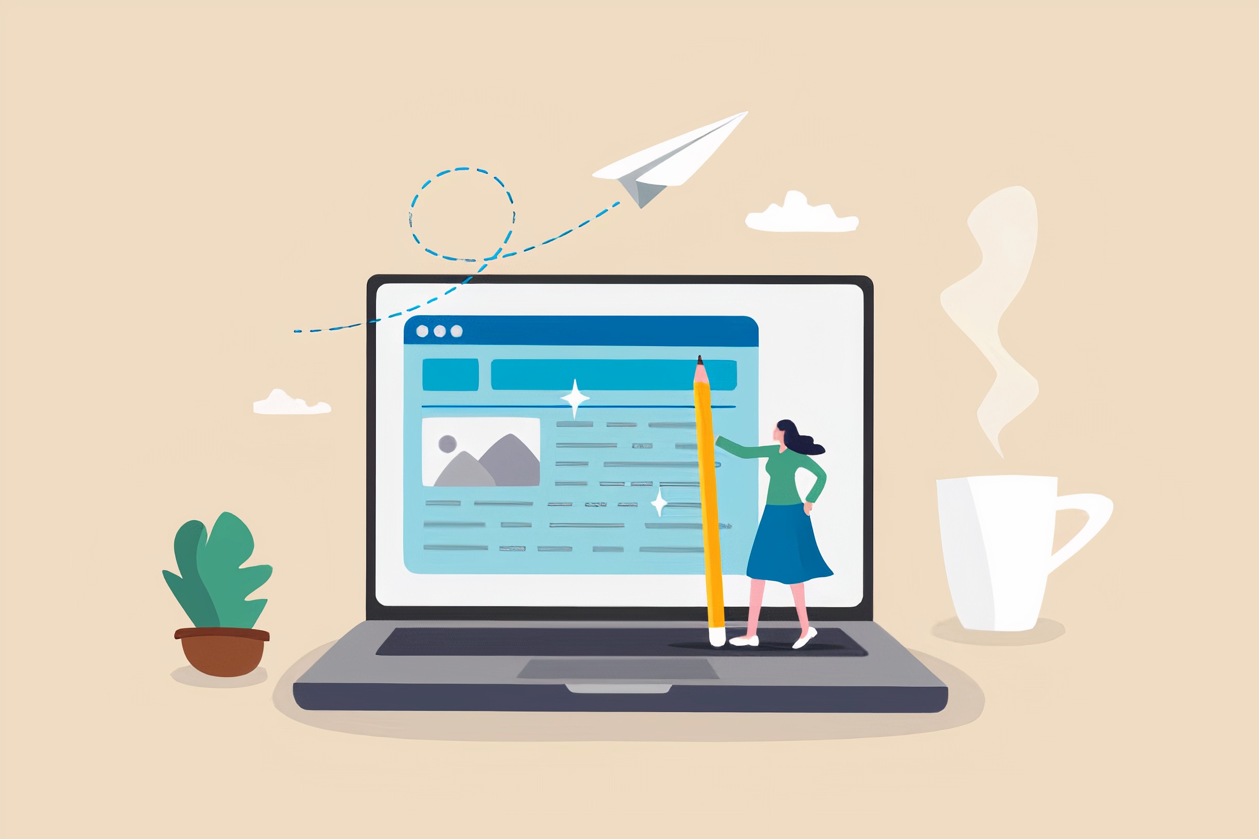Translator with an open laptop, a cup of coffee, and an office plant