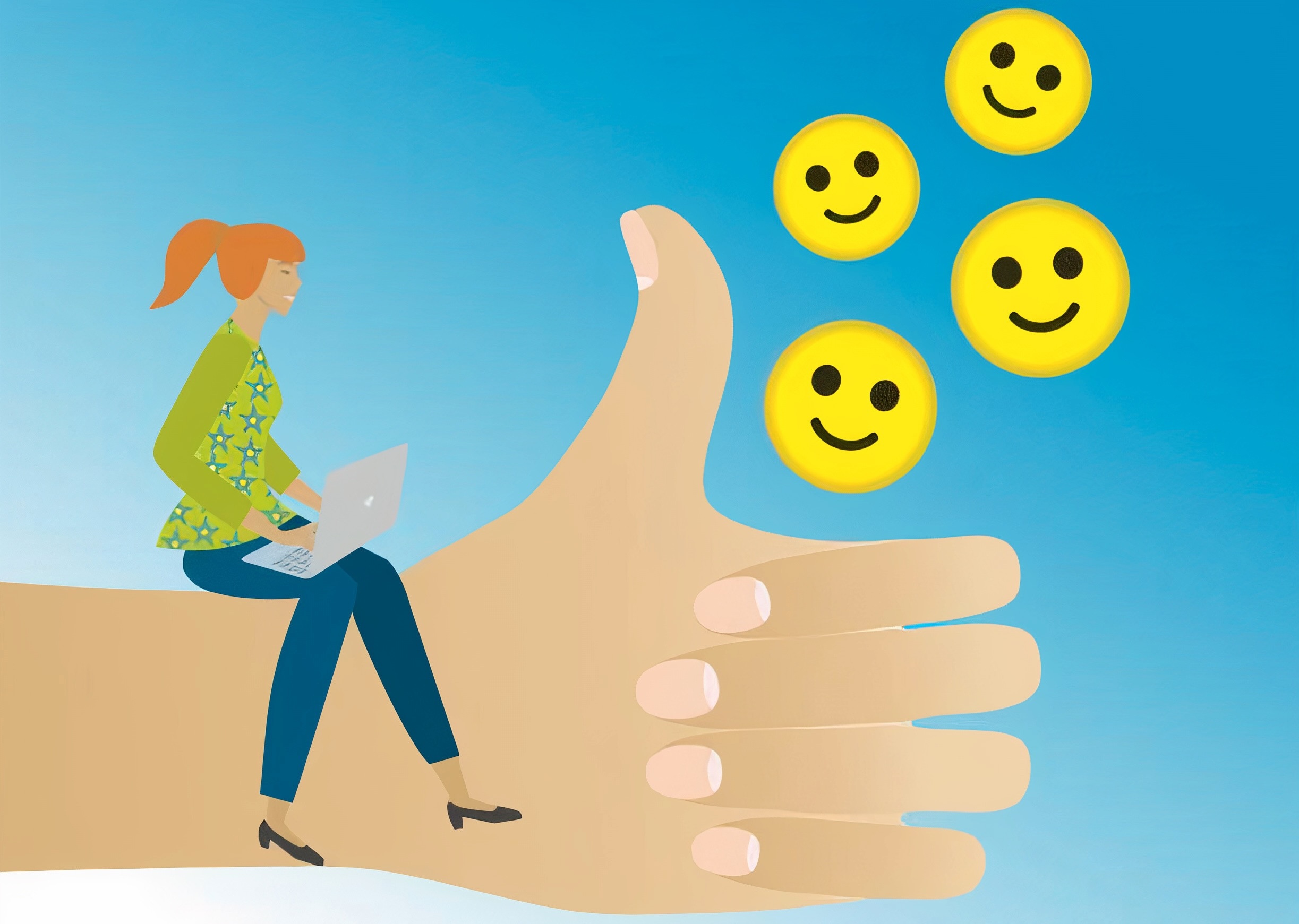 Positive smileys and a translator with an open computer sitting on a hand showing a thumbs up as positive feedback