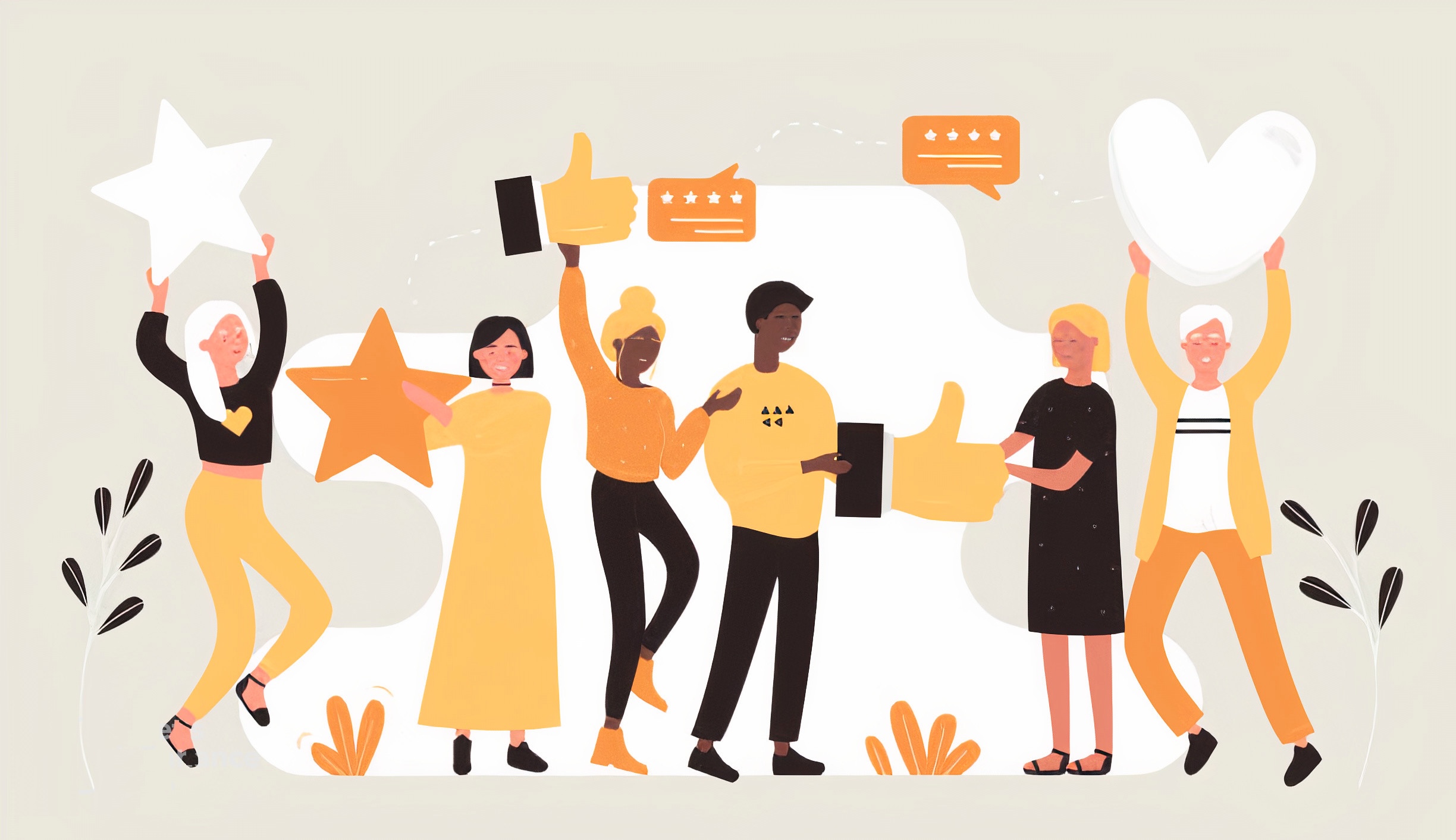 People providing positive feedback through stars, thumbs up and hearts